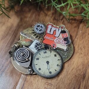 Vintage-Inspired Mixed Media Pin with Watch Face & 'Try Vanilla Coke' Emblem